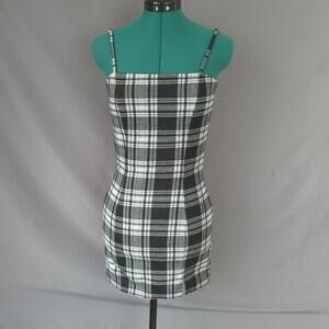 Revamped Black White Plaid Bodycon Mini Dress Adjustable Straps Medium